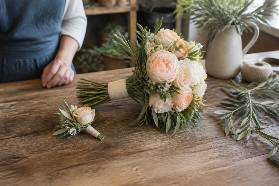 Préparation florale pour un mariage — illustration générée par IA
