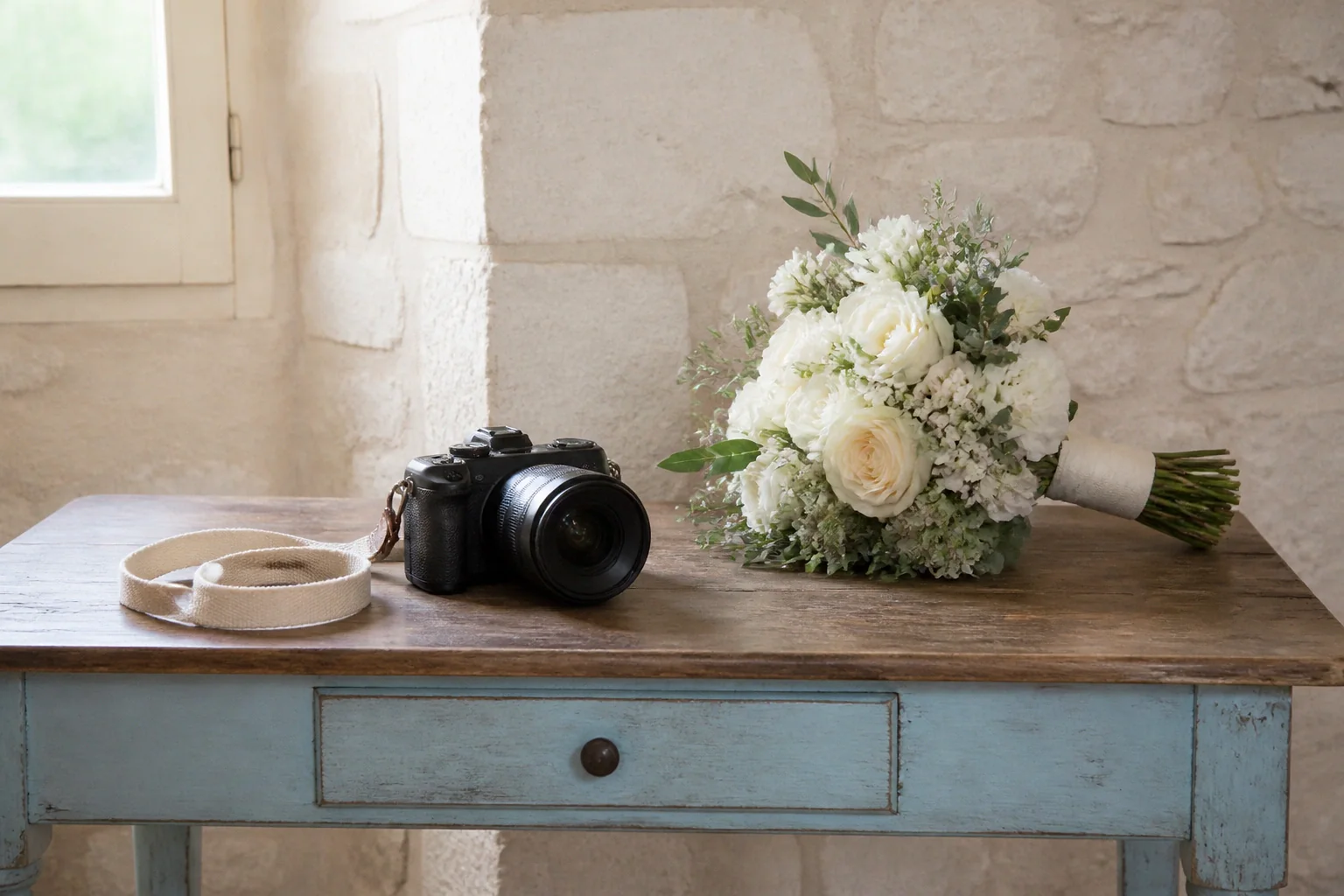 Appareil photo et accessoires de reportage de mariage — illustration générée par IA