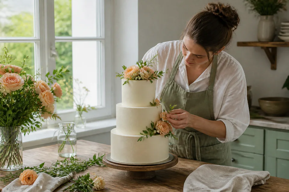 Gâteau de mariage préparé dans un atelier — illustration générée par IA