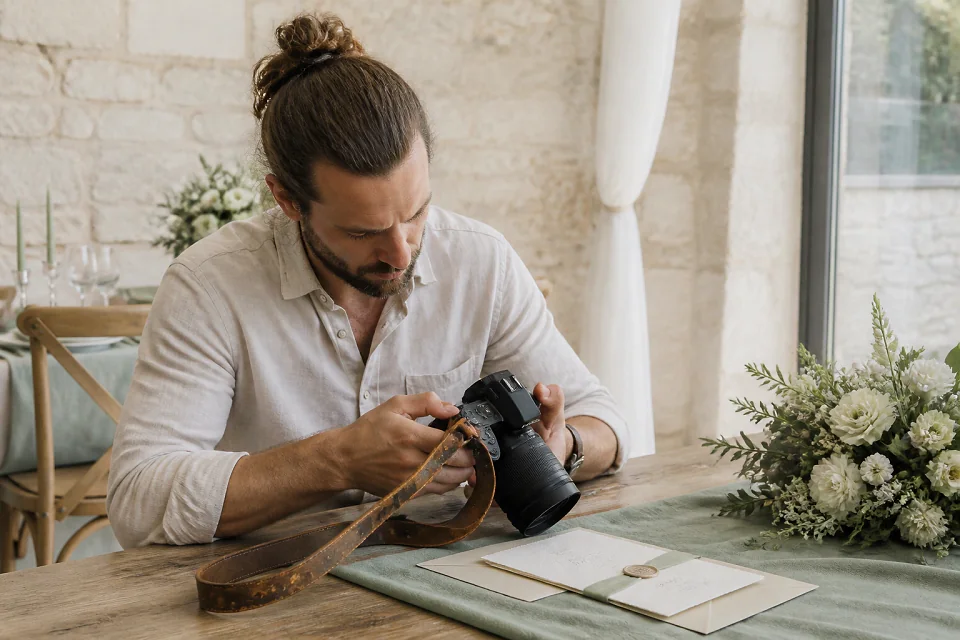 Appareil photo et accessoires de reportage de mariage — illustration générée par IA