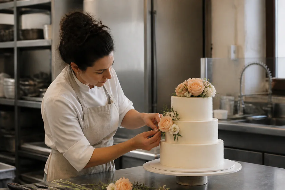 Gâteau de mariage préparé dans un atelier — illustration générée par IA