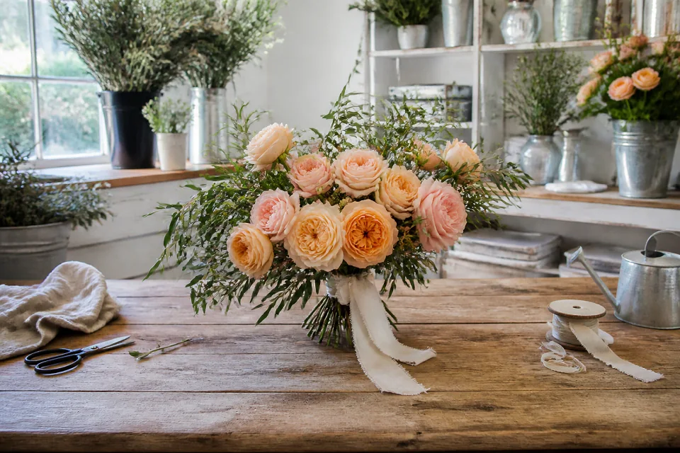 Préparation florale pour un mariage — illustration générée par IA