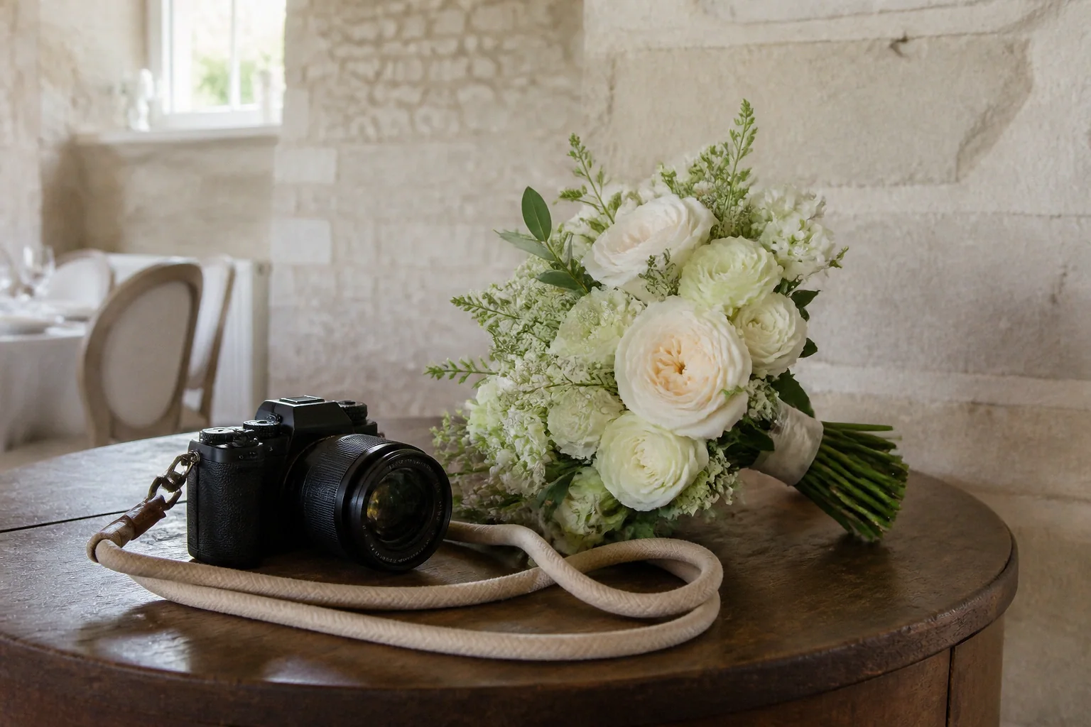 Appareil photo et accessoires de reportage de mariage — illustration générée par IA