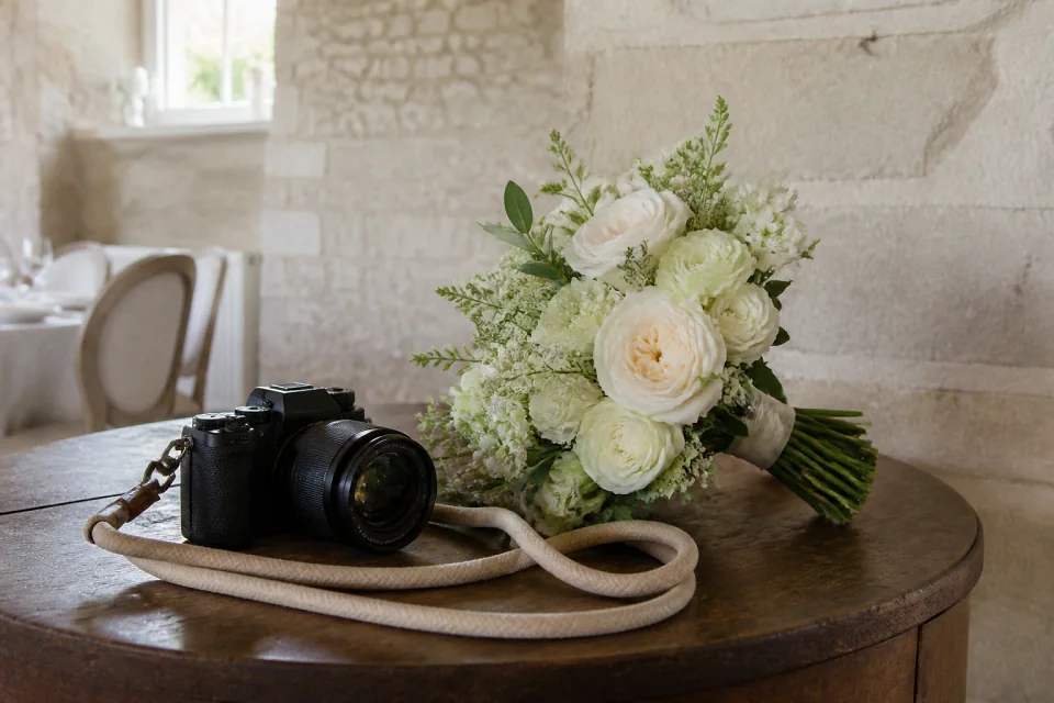 Appareil photo et accessoires de reportage de mariage — illustration générée par IA
