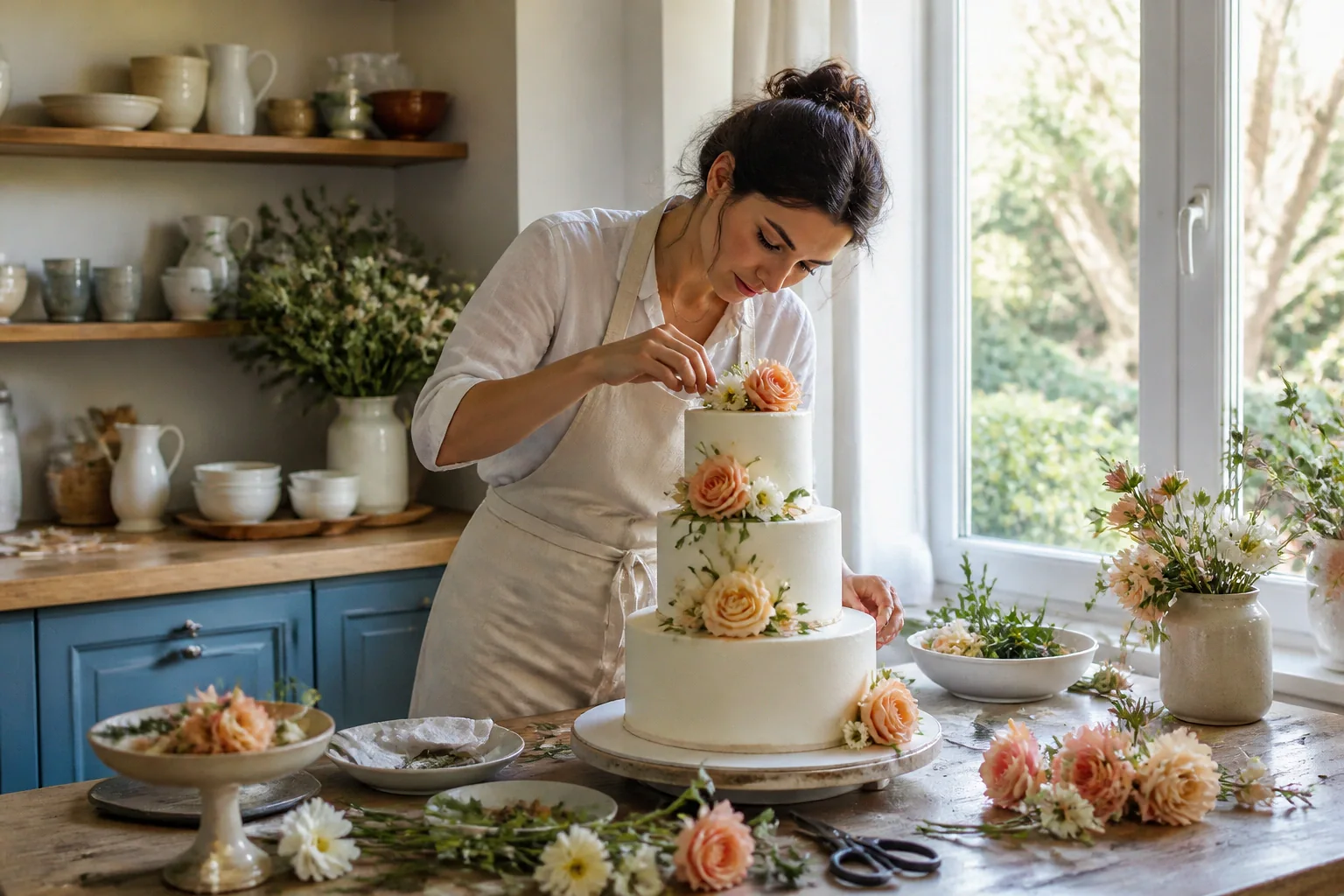 Gâteau de mariage préparé dans un atelier — illustration générée par IA