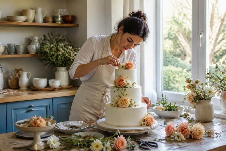 Gâteau de mariage préparé dans un atelier — illustration générée par IA