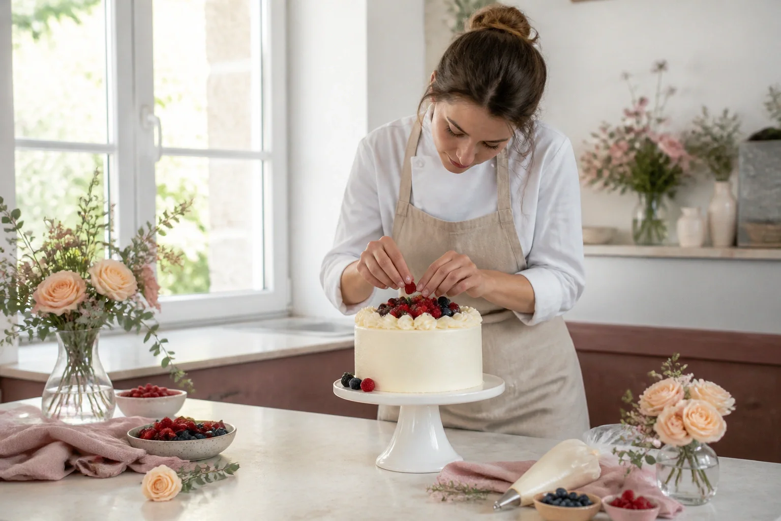 Gâteau de mariage préparé dans un atelier — illustration générée par IA