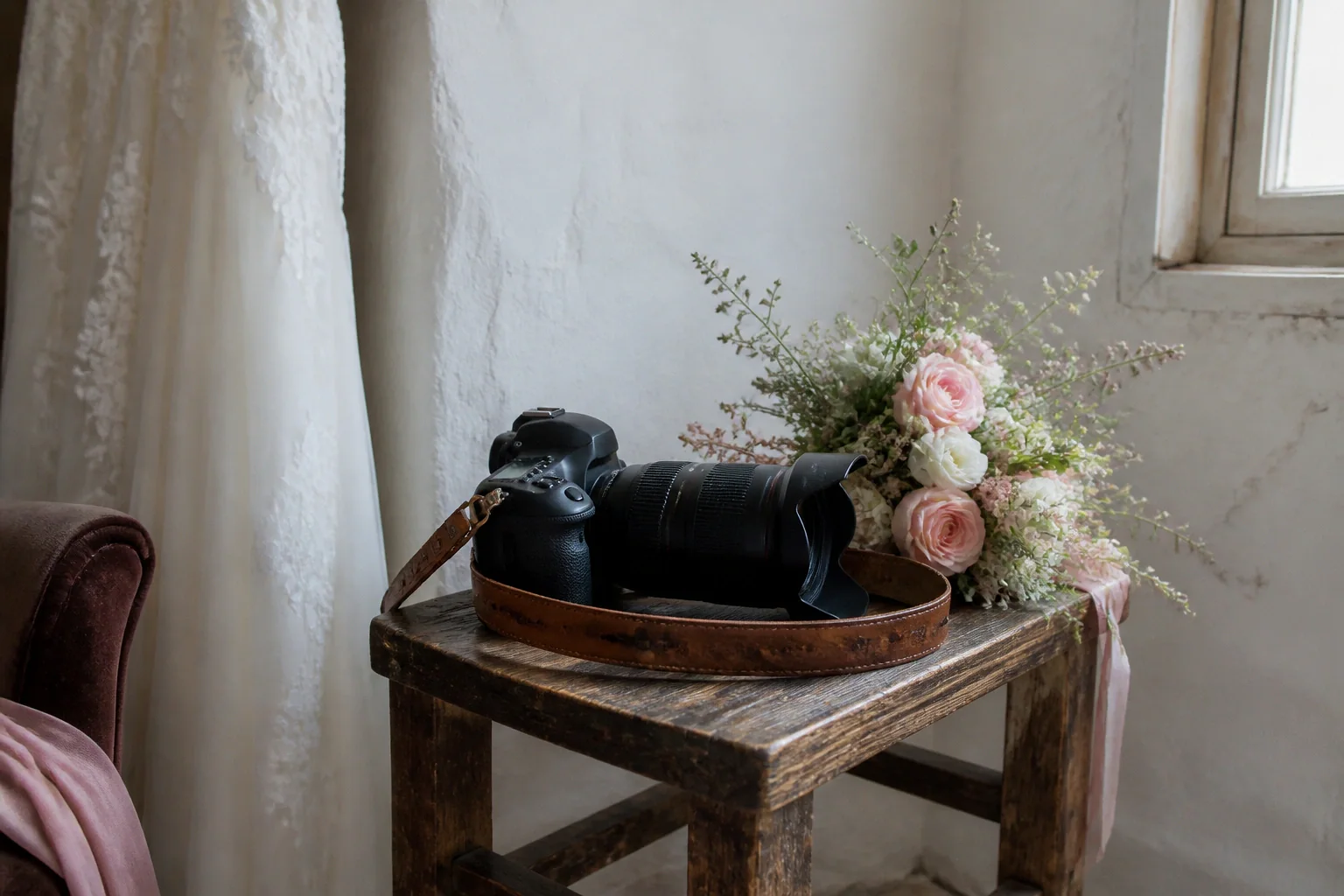 Appareil photo et accessoires de reportage de mariage — illustration générée par IA