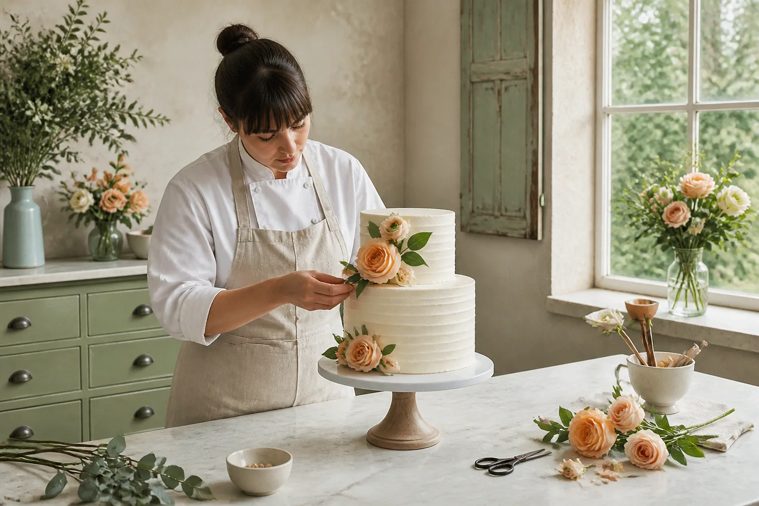 Gâteau de mariage préparé dans un atelier — illustration générée par IA
