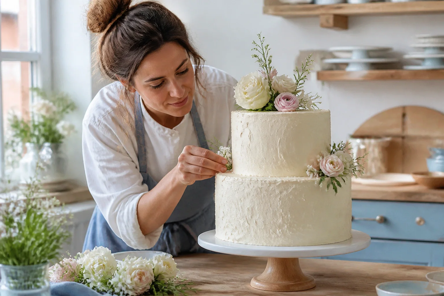 Gâteau de mariage préparé dans un atelier — illustration générée par IA