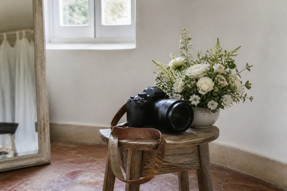 Appareil photo et accessoires de reportage de mariage — illustration générée par IA