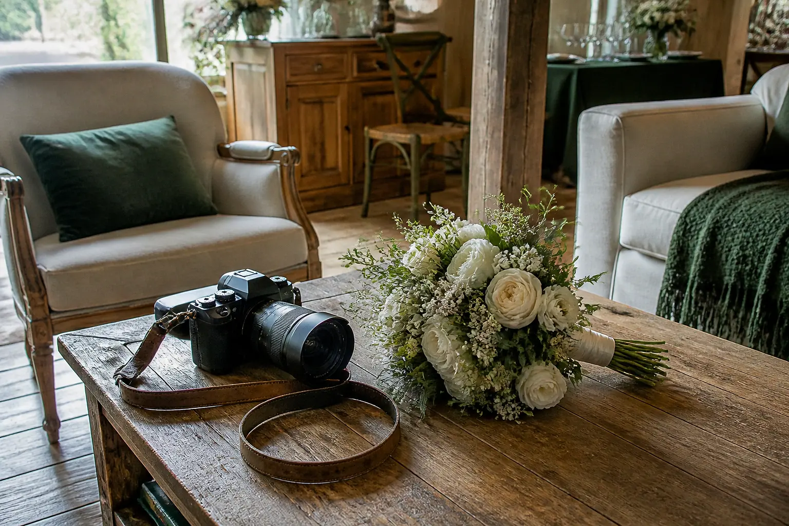 Appareil photo et accessoires de reportage de mariage — illustration générée par IA