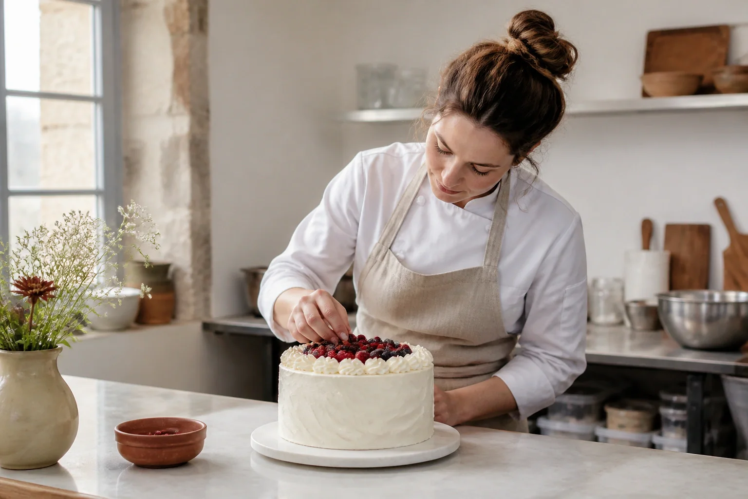 Gâteau de mariage préparé dans un atelier — illustration générée par IA