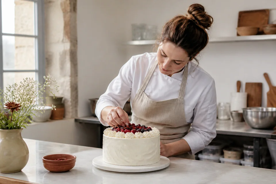 Gâteau de mariage préparé dans un atelier — illustration générée par IA