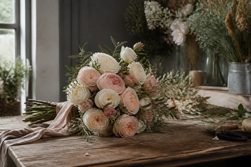 Préparation florale pour un mariage — illustration générée par IA