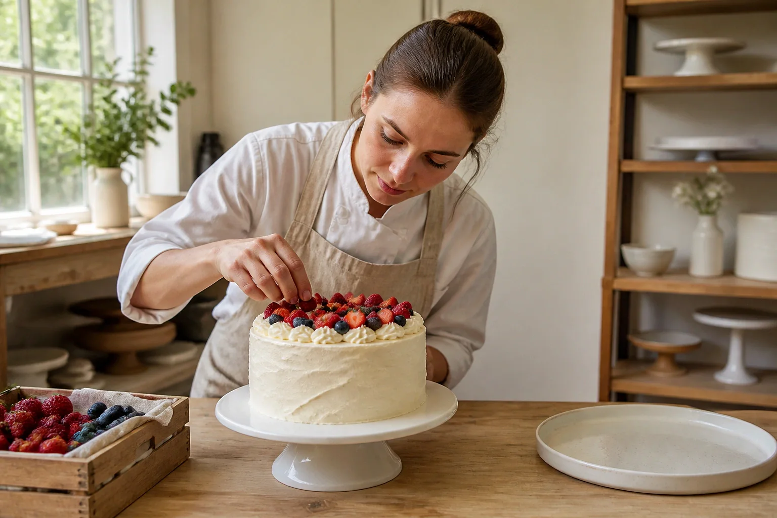 Gâteau de mariage préparé dans un atelier — illustration générée par IA