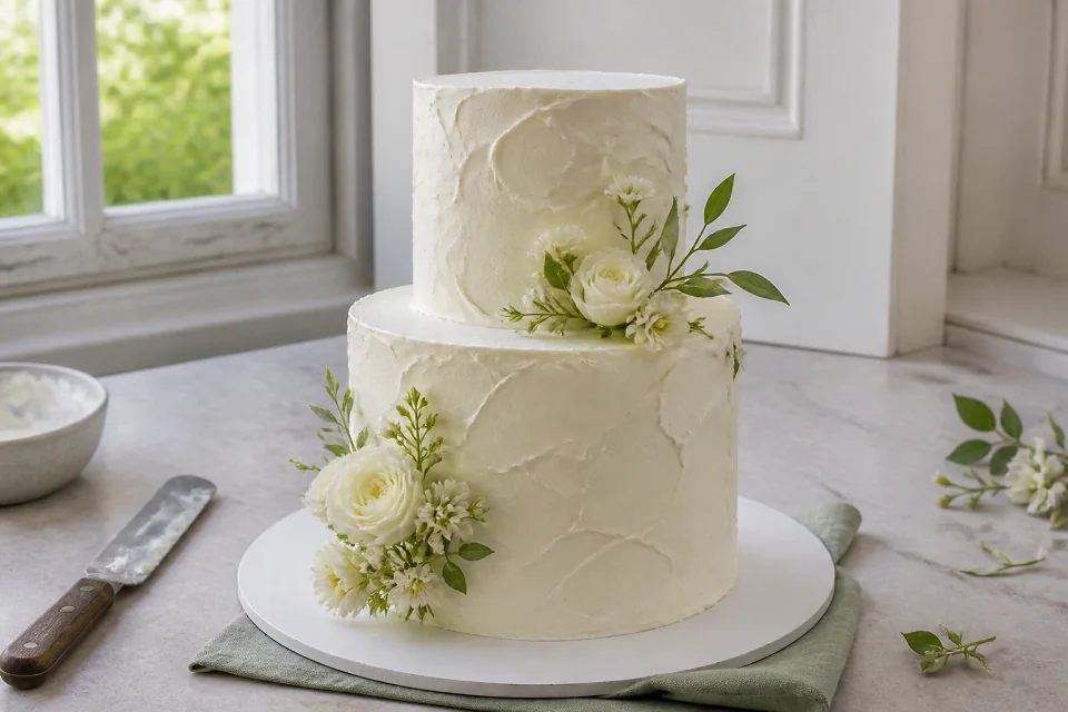 Gâteau de mariage préparé dans un atelier — illustration générée par IA