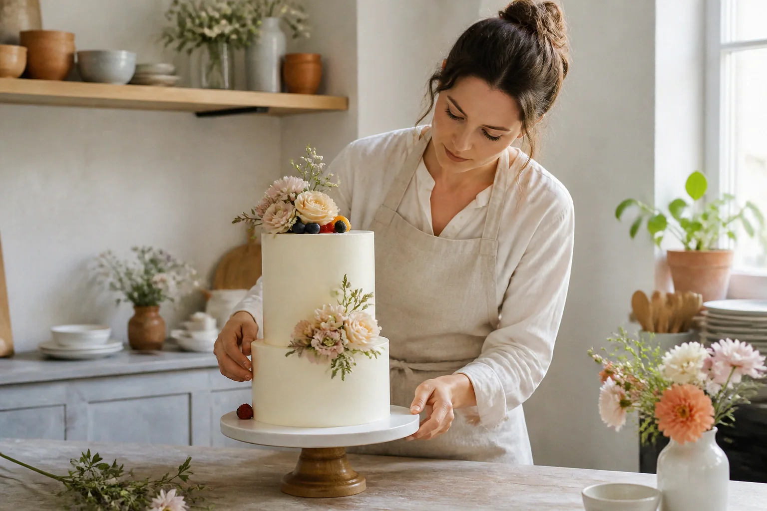 Gâteau de mariage préparé dans un atelier — illustration générée par IA