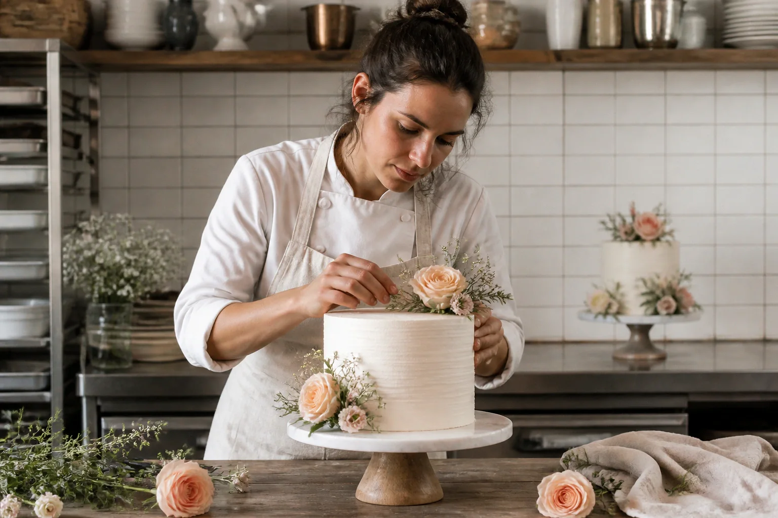 Gâteau de mariage préparé dans un atelier — illustration générée par IA