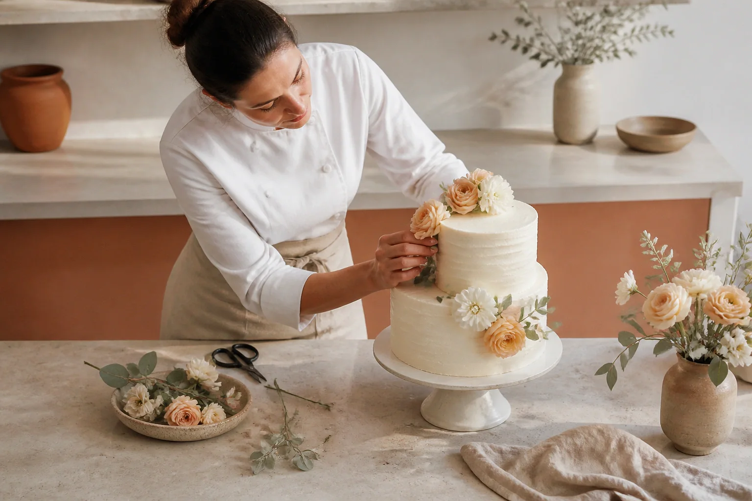 Gâteau de mariage préparé dans un atelier — illustration générée par IA
