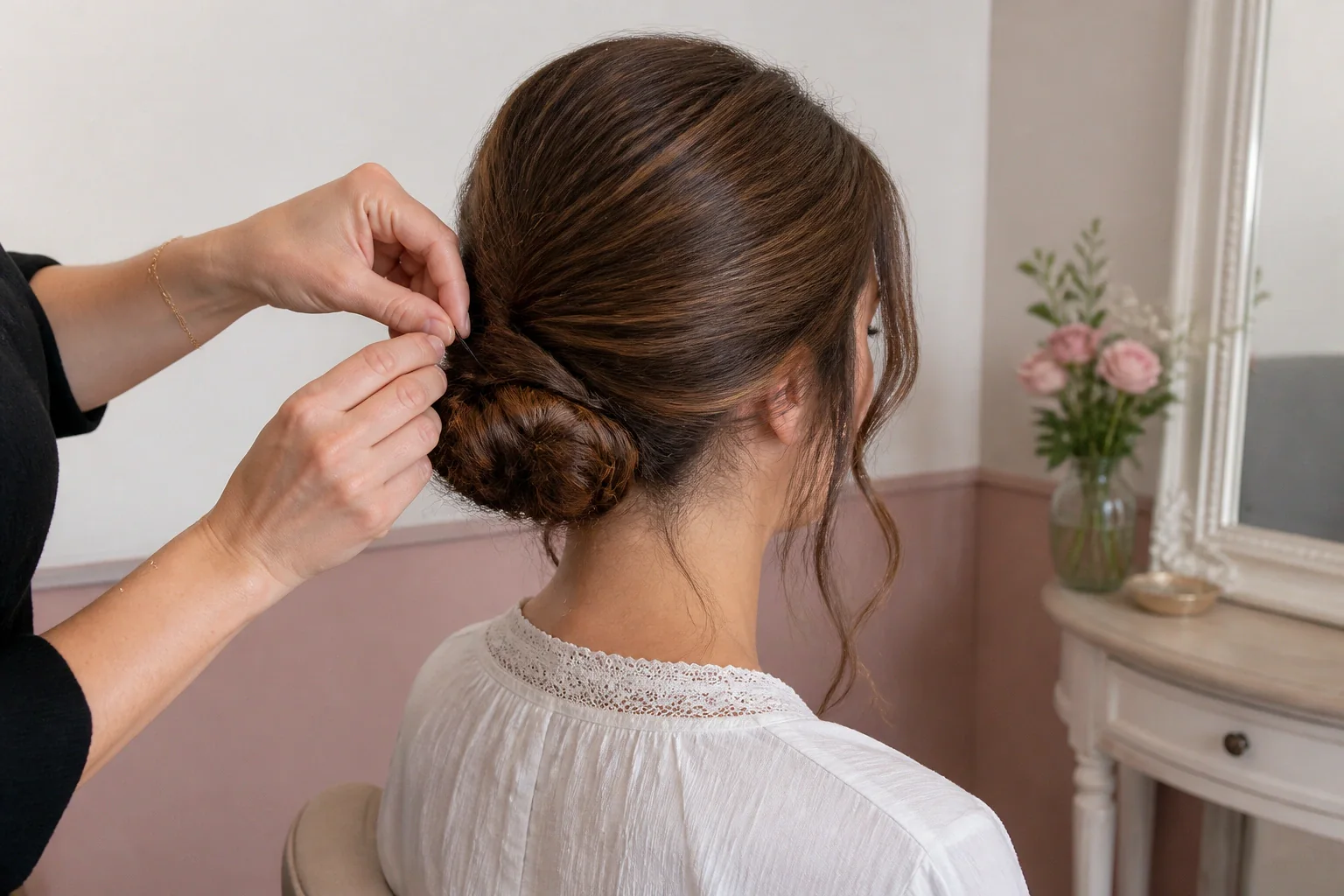 Coiffure de cérémonie vue pendant la préparation — illustration générée par IA