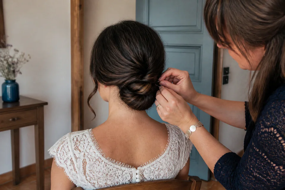 Coiffure de cérémonie vue pendant la préparation — illustration générée par IA