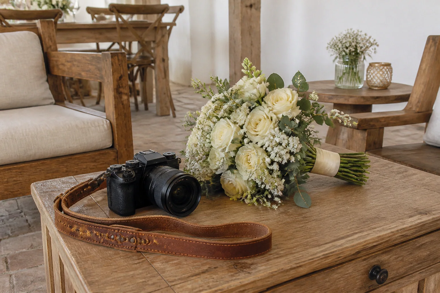 Appareil photo et accessoires de reportage de mariage — illustration générée par IA