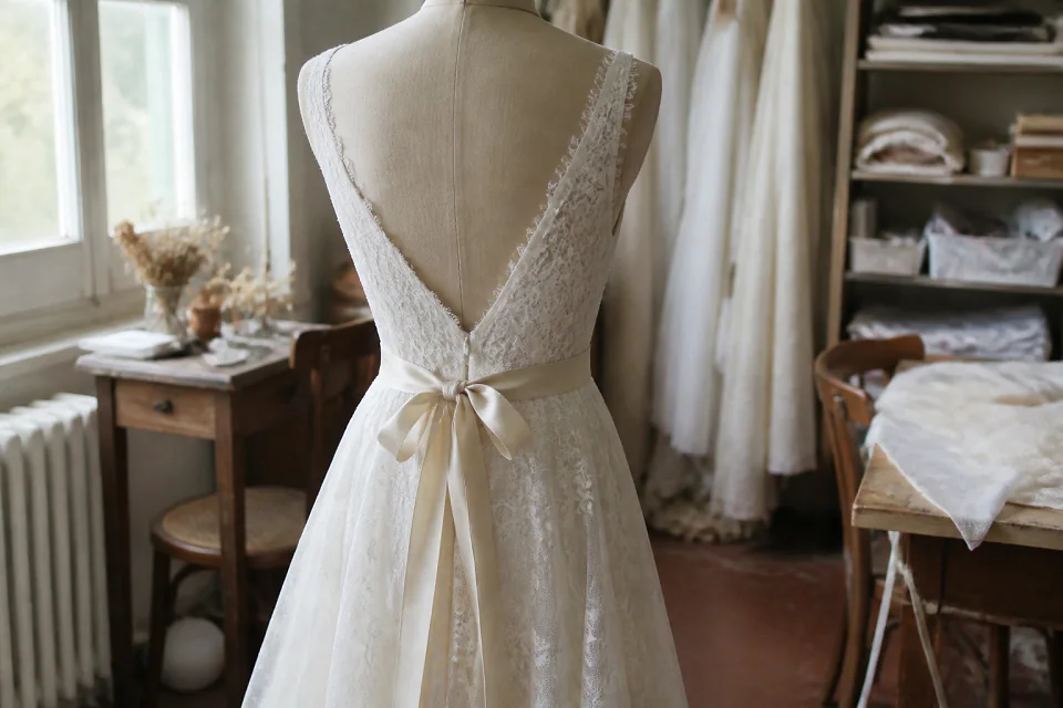 Robe de mariée dans un atelier de confection — illustration générée par IA