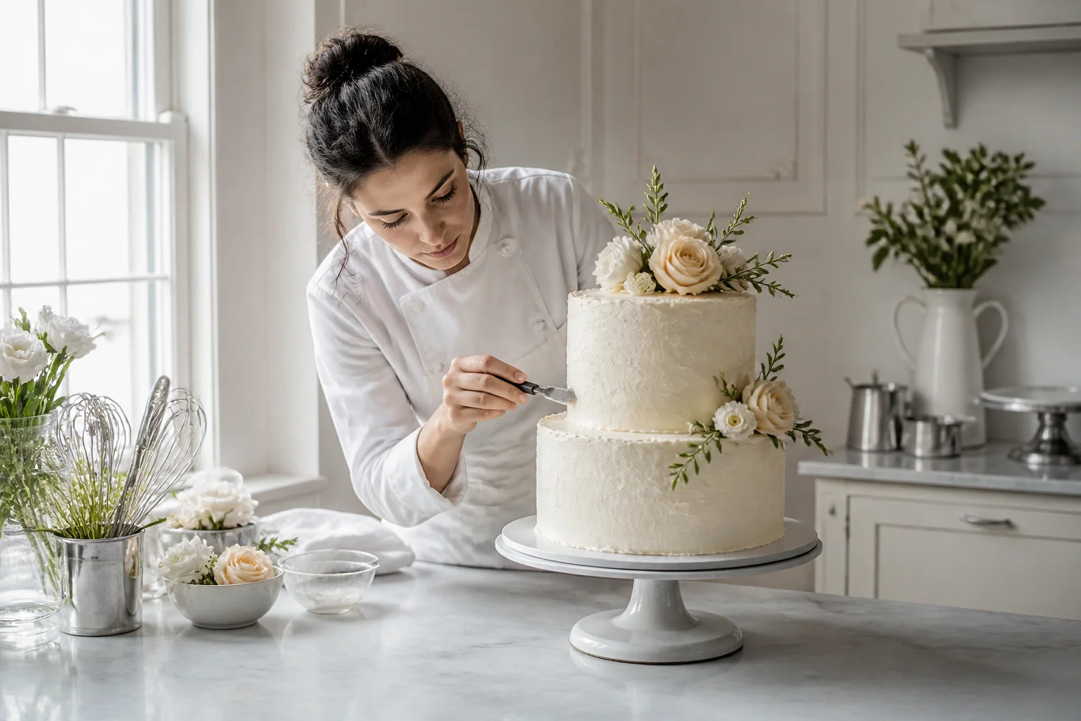 Gâteau de mariage préparé dans un atelier — illustration générée par IA