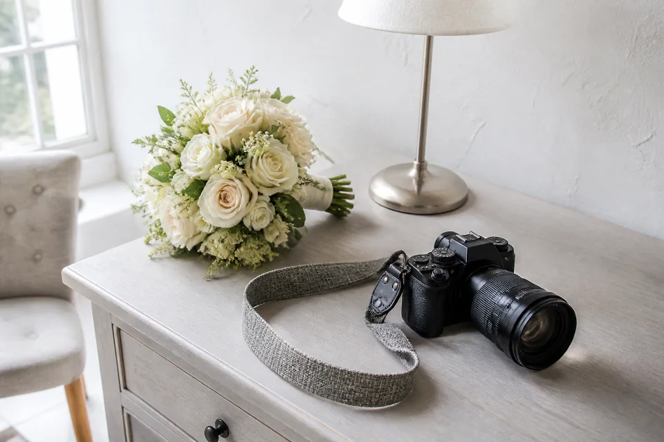Appareil photo et accessoires de reportage de mariage — illustration générée par IA