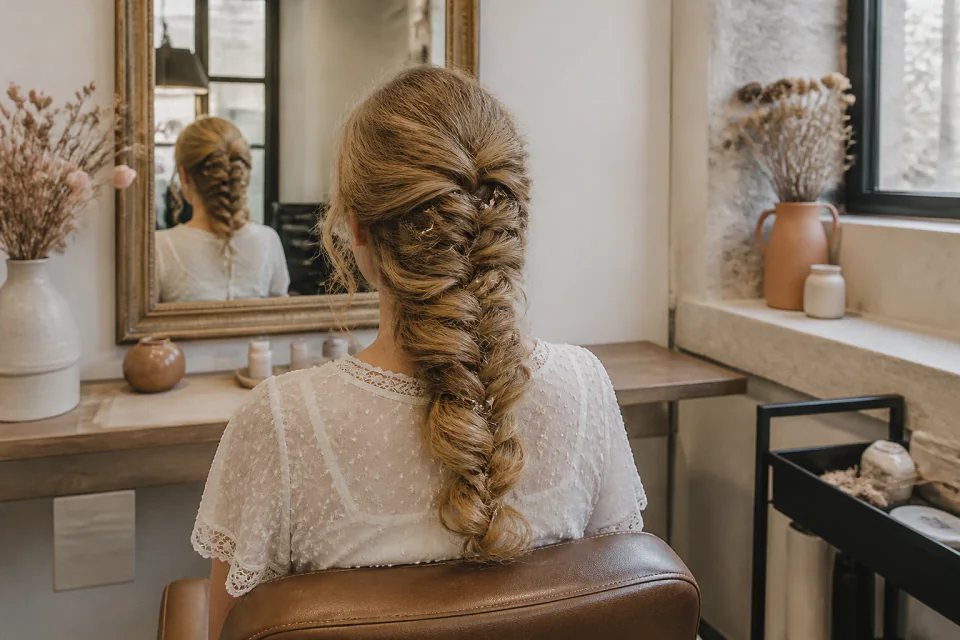 Coiffure de cérémonie vue pendant la préparation — illustration générée par IA