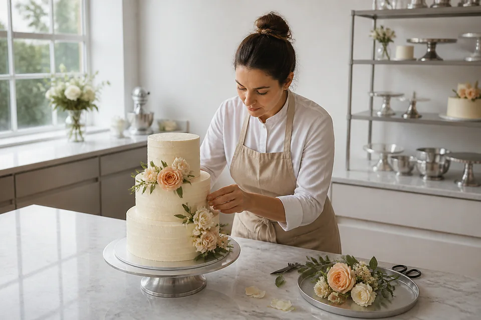 Gâteau de mariage préparé dans un atelier — illustration générée par IA