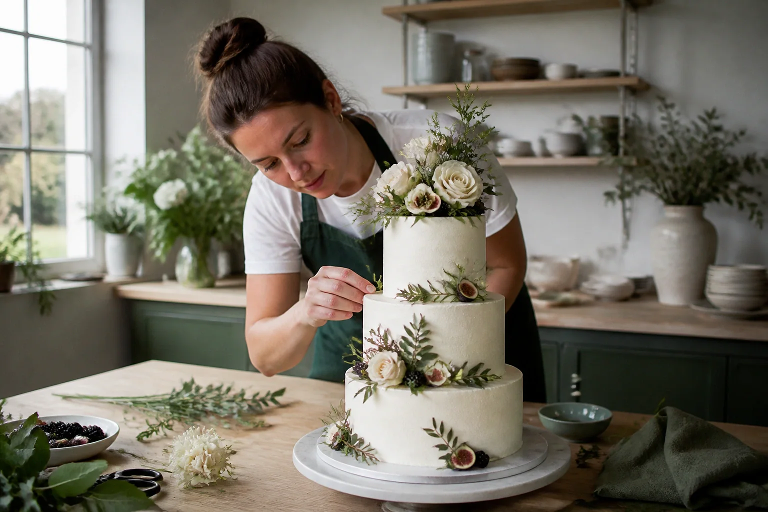 Gâteau de mariage préparé dans un atelier — illustration générée par IA
