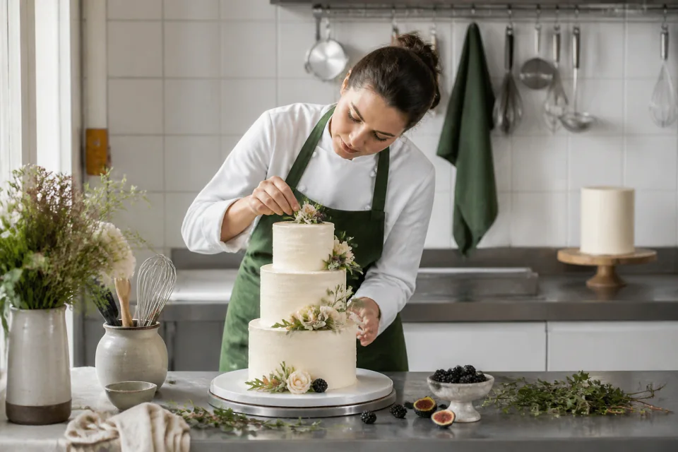 Gâteau de mariage préparé dans un atelier — illustration générée par IA