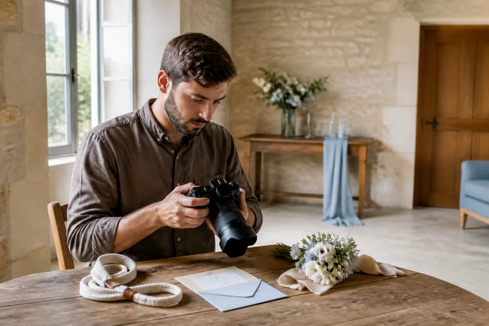 Appareil photo et accessoires de reportage de mariage — illustration générée par IA