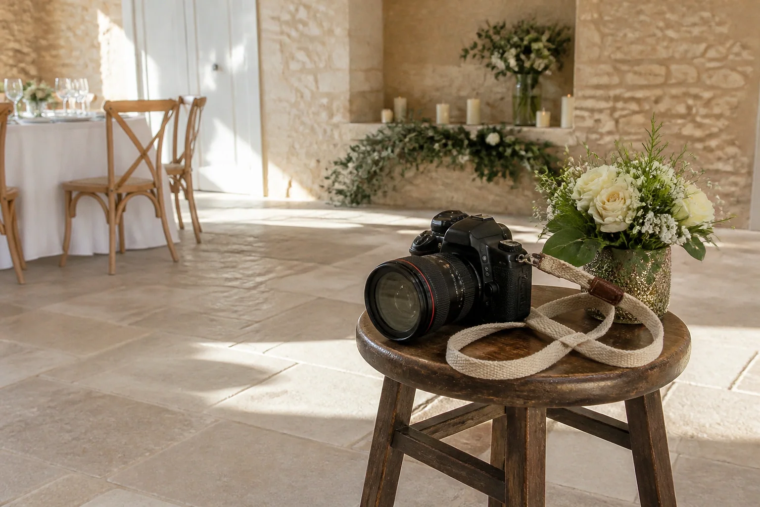 Appareil photo et accessoires de reportage de mariage — illustration générée par IA