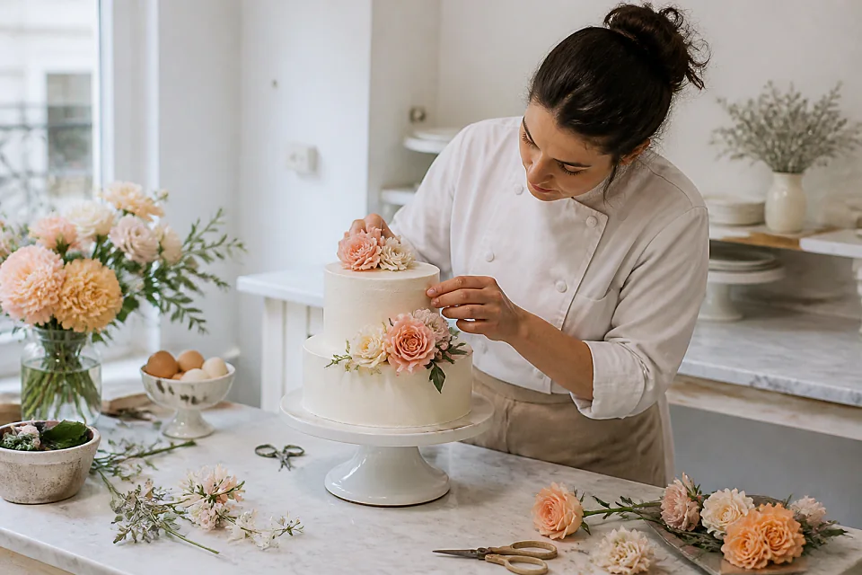 Gâteau de mariage préparé dans un atelier — illustration générée par IA