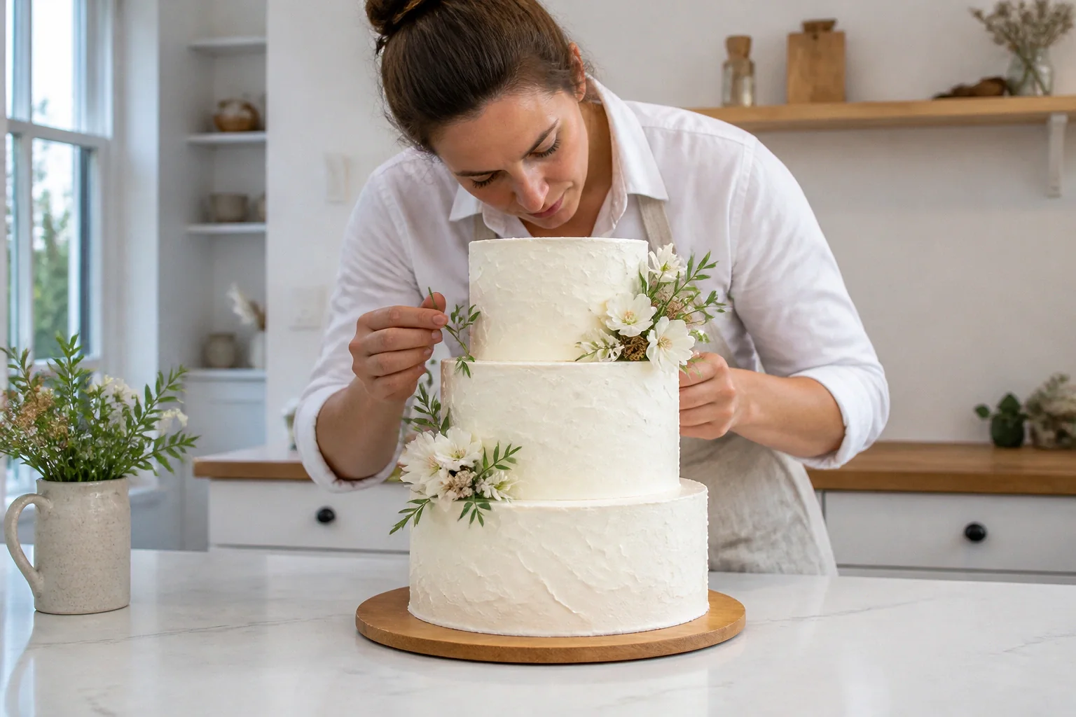 Gâteau de mariage préparé dans un atelier — illustration générée par IA
