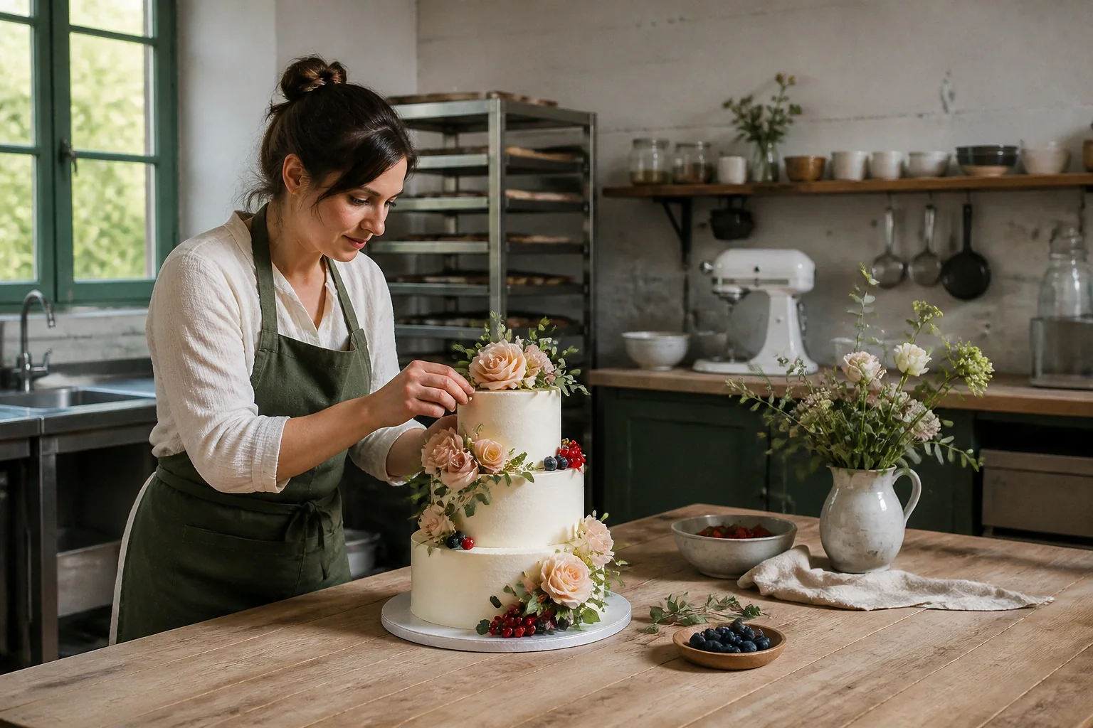 Gâteau de mariage préparé dans un atelier — illustration générée par IA