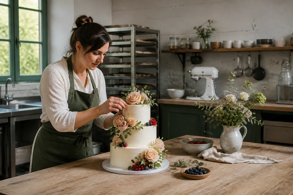 Gâteau de mariage préparé dans un atelier — illustration générée par IA
