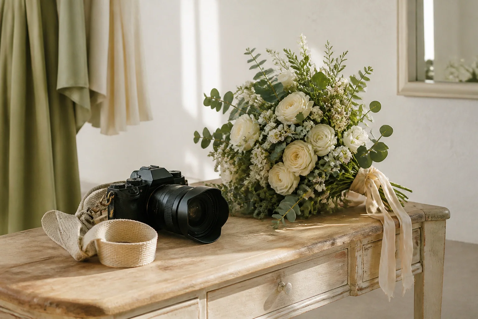 Appareil photo et accessoires de reportage de mariage — illustration générée par IA