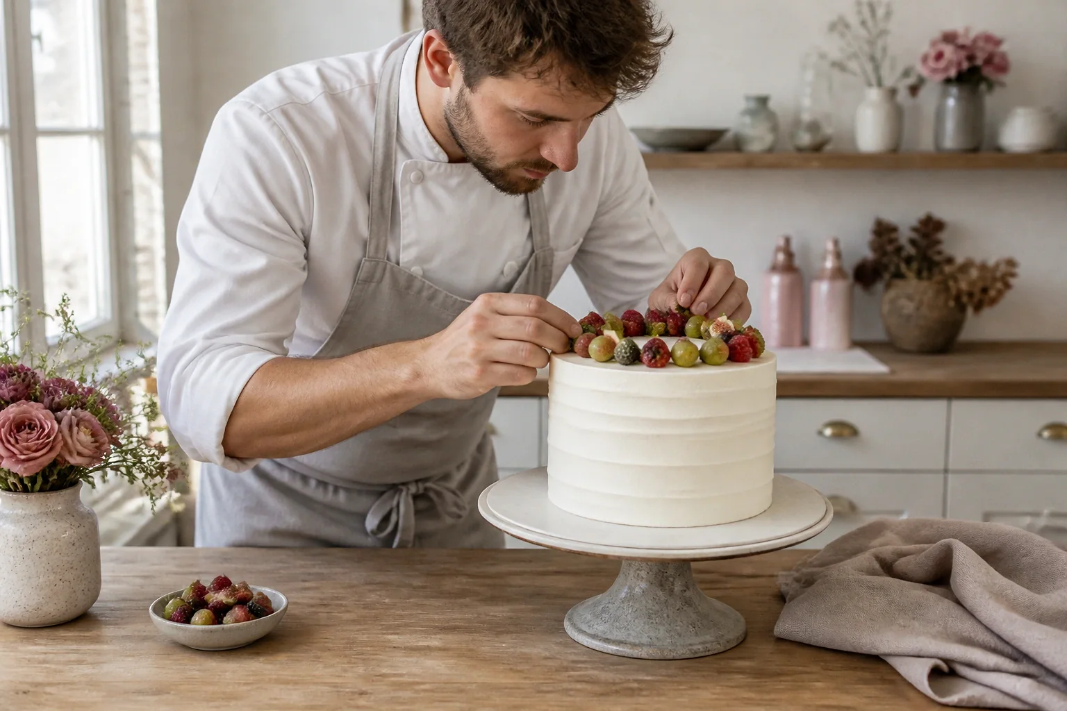 Gâteau de mariage préparé dans un atelier — illustration générée par IA