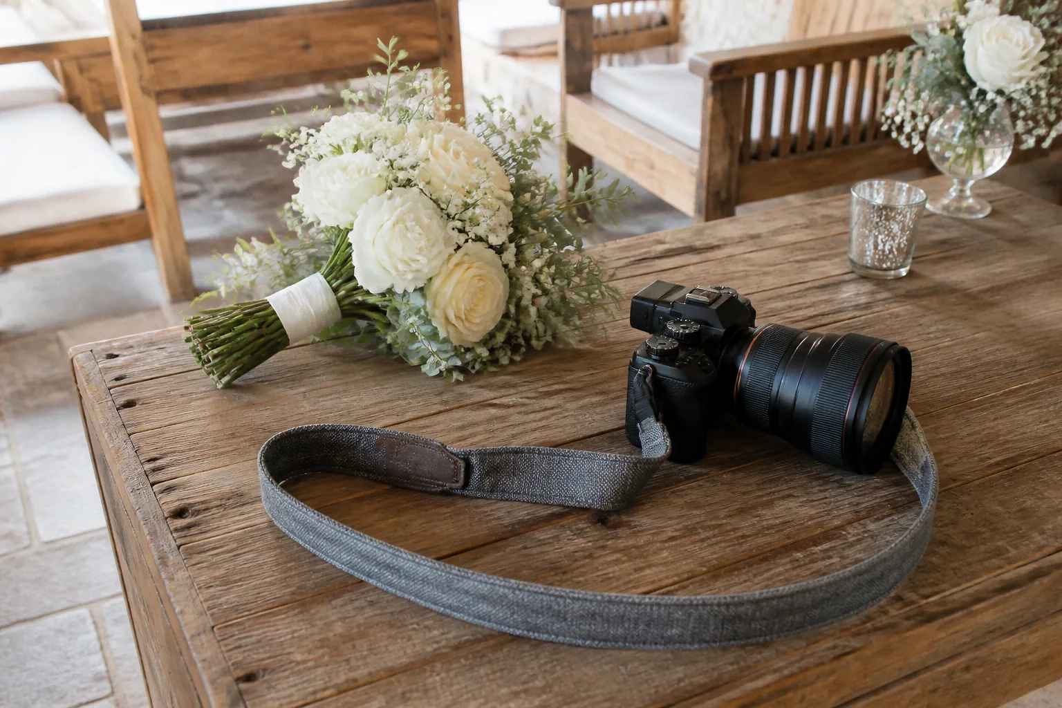Appareil photo et accessoires de reportage de mariage — illustration générée par IA