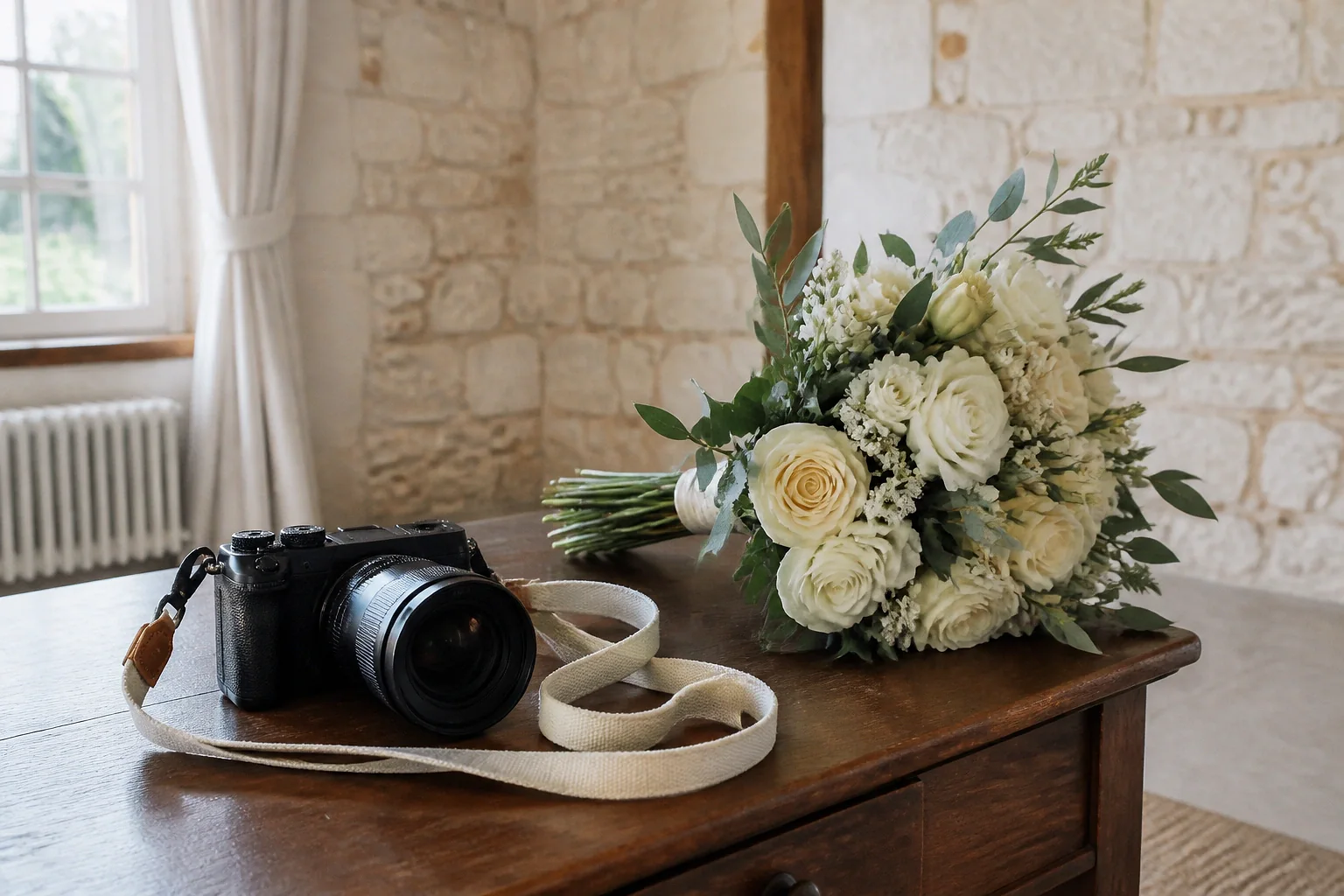 Appareil photo et accessoires de reportage de mariage — illustration générée par IA