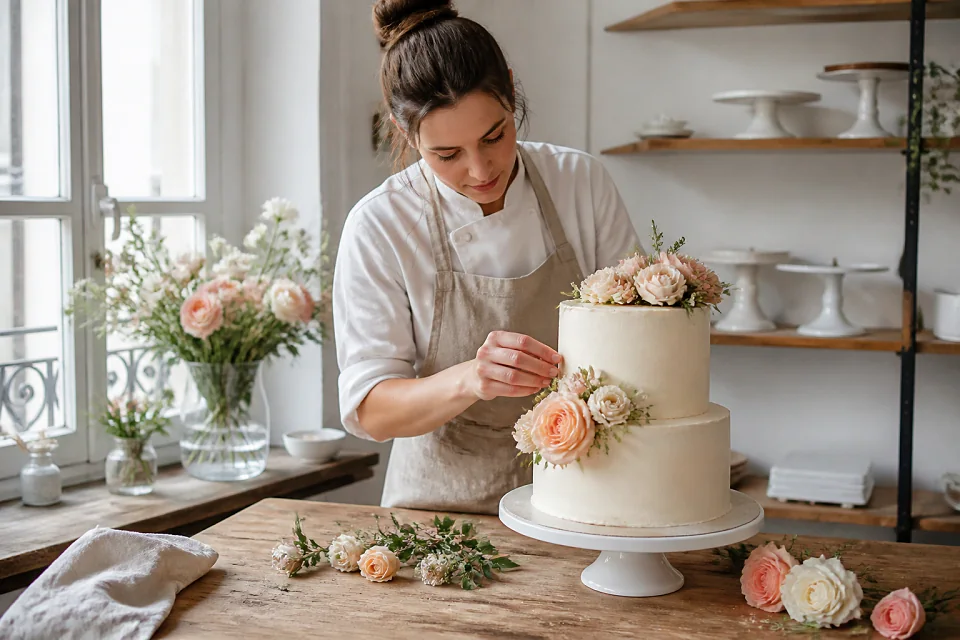 Gâteau de mariage préparé dans un atelier — illustration générée par IA