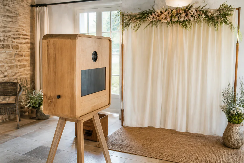 Borne photo installée pour une réception de mariage — illustration générée par IA