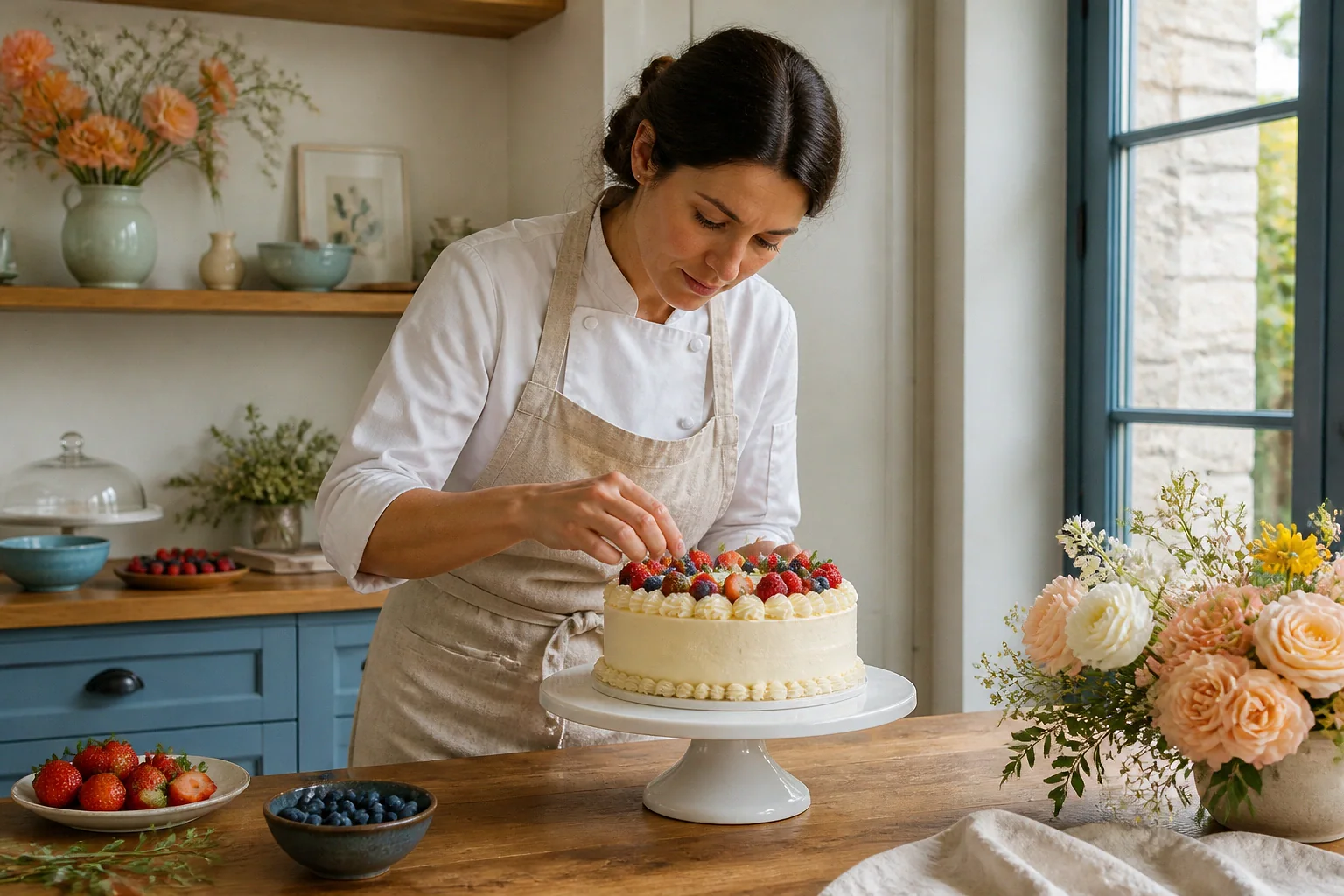Gâteau de mariage préparé dans un atelier — illustration générée par IA