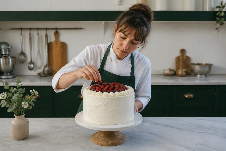 Gâteau de mariage préparé dans un atelier — illustration générée par IA