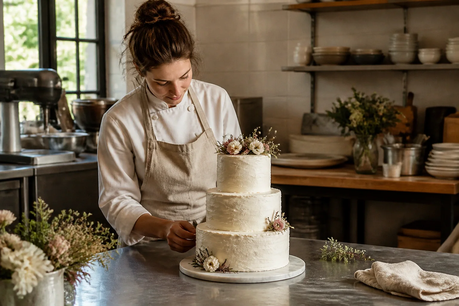 Gâteau de mariage préparé dans un atelier — illustration générée par IA