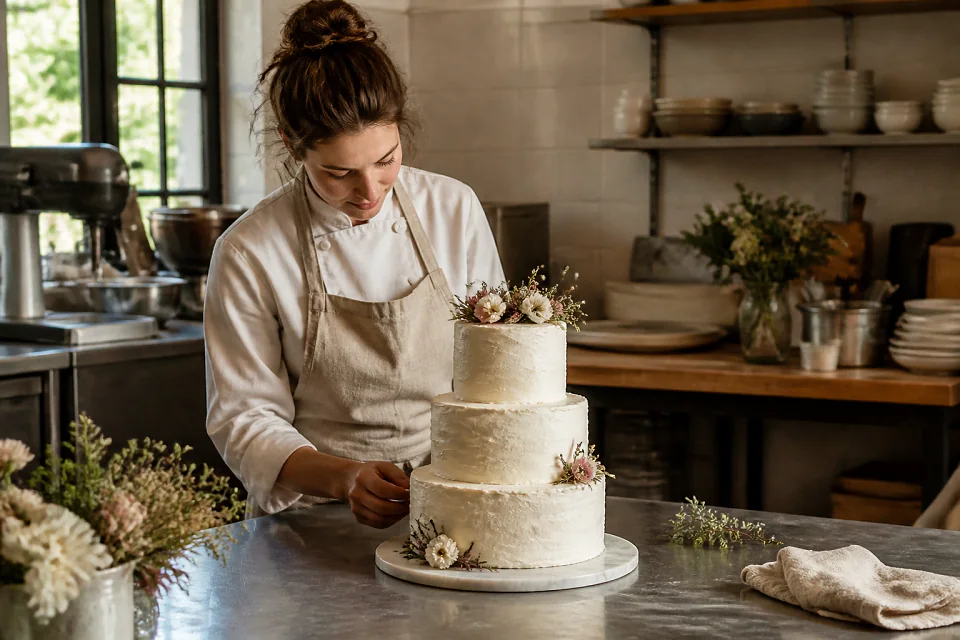 Gâteau de mariage préparé dans un atelier — illustration générée par IA